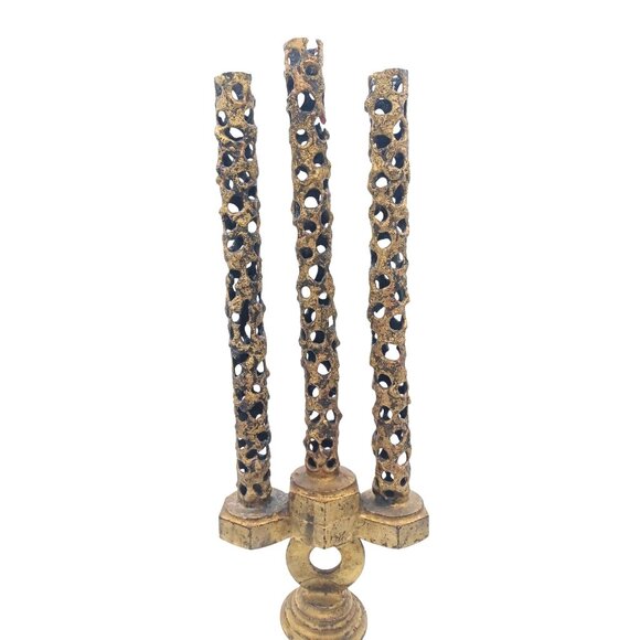 Vintage Gothic Brutalist Steampunk 3 Candle Metal Candelabra Pierced Design 16" - Picture 5 of 12